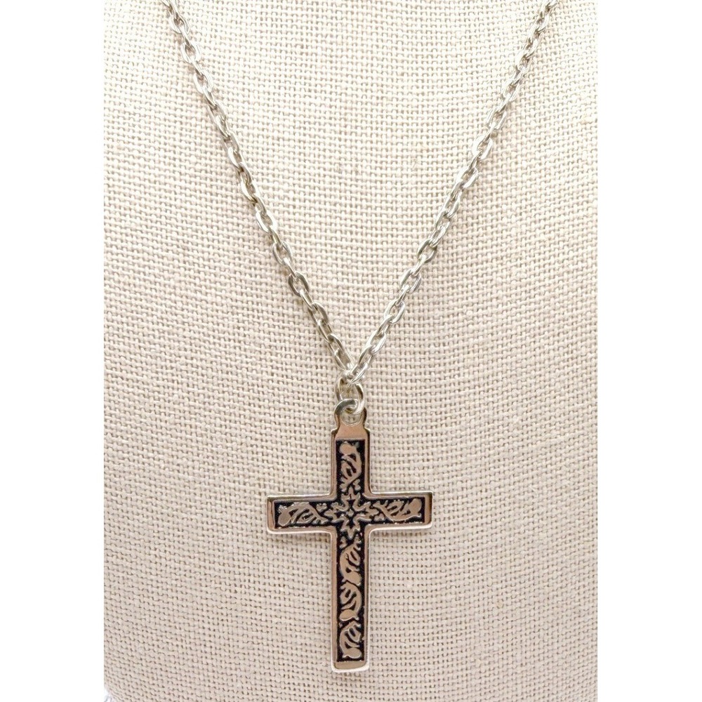 Silver Tone Engraved Christian Cross Pendant Necklace 20" Chain